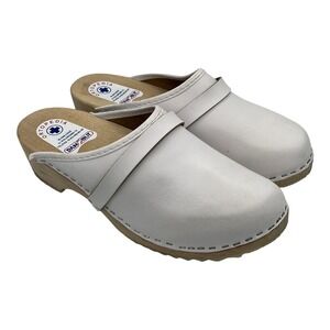 White Leather Clogs with Wood Sole Open Back Slides Size 11 Ladies